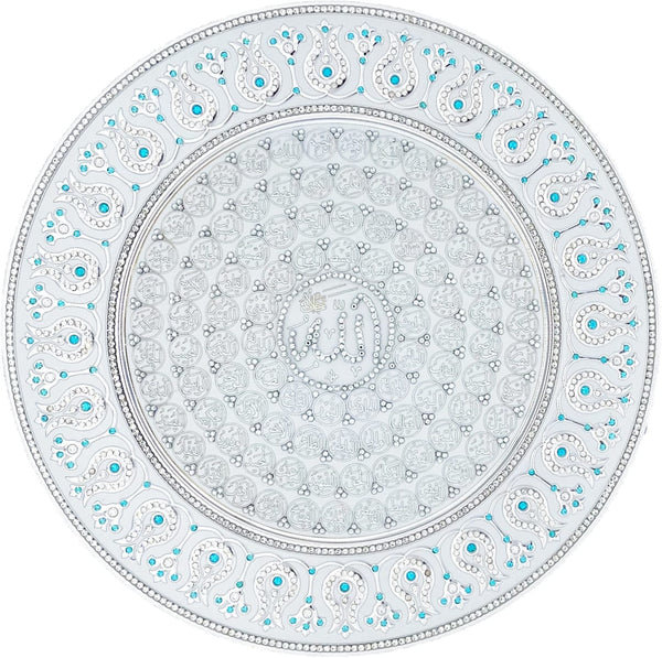 Asma ul Husna White & Silver Decorative Plate 42 cm - Light Blue (Fully Jeweled) - Wall Plates - Gunes