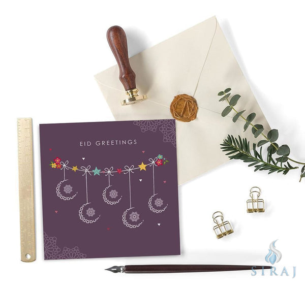 Eid Greetings Mauve Hanging Crescents Card - Greeting Cards - Islamic Moments
