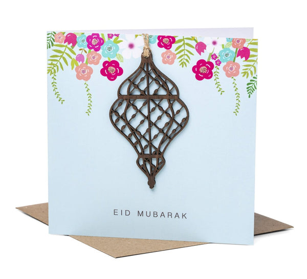 Eid Mubarak Laser Cut Wooden Lantern Card - Blue - Greeting Cards - Islamic Moments