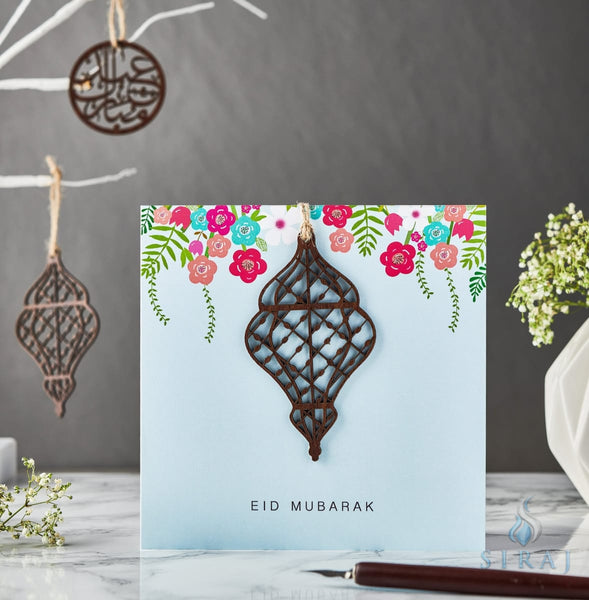 Eid Mubarak Laser Cut Wooden Lantern Card - Blue - Greeting Cards - Islamic Moments