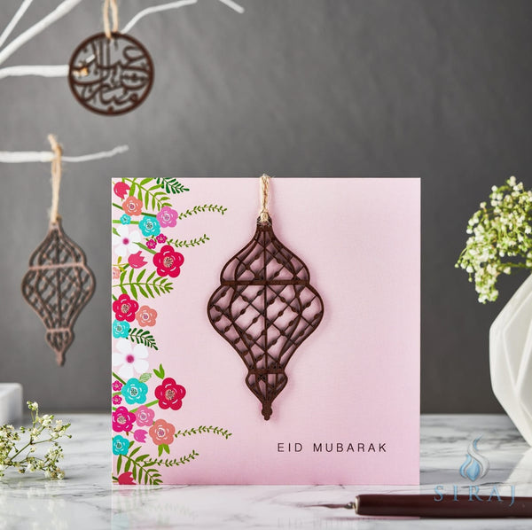 Eid Mubarak Laser Cut Wooden Lantern Card - Pink - Greeting Cards - Islamic Moments
