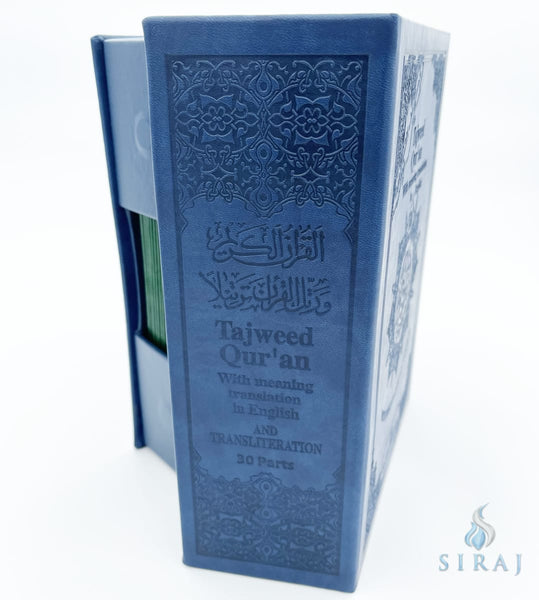 Tajweed Quran With English Translation & Transliteration In 30 Parts with Elegant Box - Blue - Islamic Books - Dar Al-Maarifah