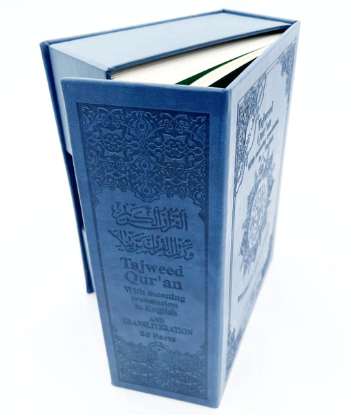 Tajweed Quran With English Translation & Transliteration In 30 Parts with Elegant Box - Blue - Islamic Books - Dar Al-Maarifah