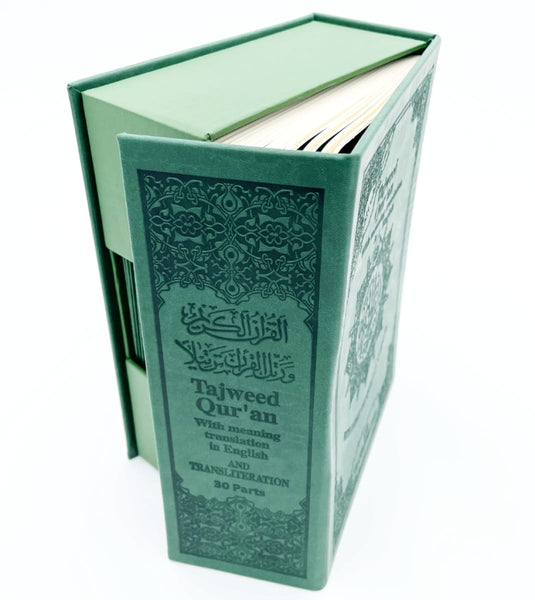 Tajweed Quran With English Translation & Transliteration In 30 Parts with Elegant Box - Green - Islamic Books - Dar Al-Maarifah