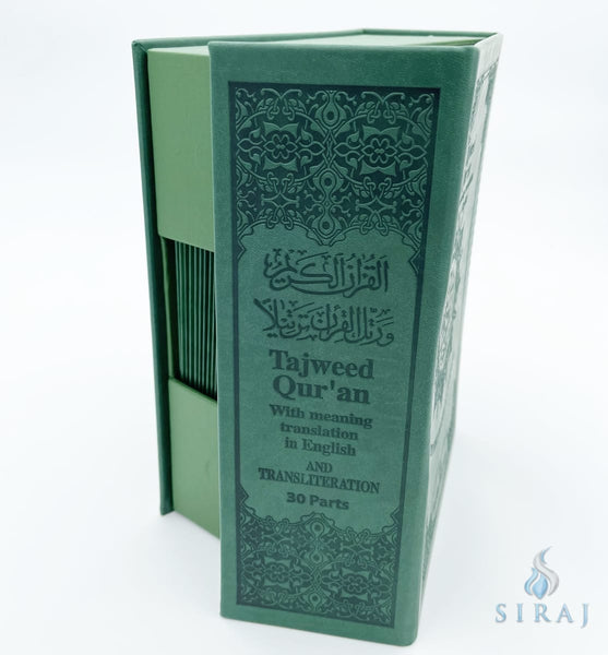 Tajweed Quran With English Translation & Transliteration In 30 Parts with Elegant Box - Green - Islamic Books - Dar Al-Maarifah